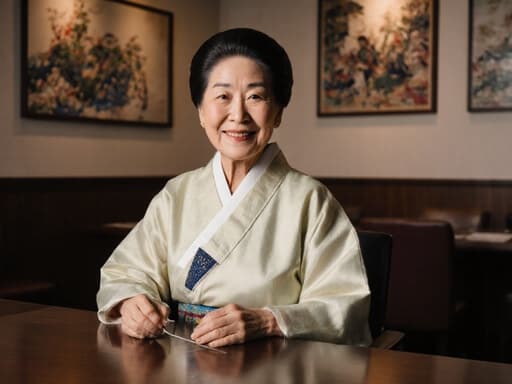 70대의 혼혈 여성이 전통 한복을 입고 전통 공예 도구를 손에 들고 친근한 미소를 지으며 아늑한 카페에 앉아 있는 반신 촬영, 벽에는 전통 공예 작품이 전시되어 있어 따뜻하고 초대하는 분위기를 자아냅니다.
