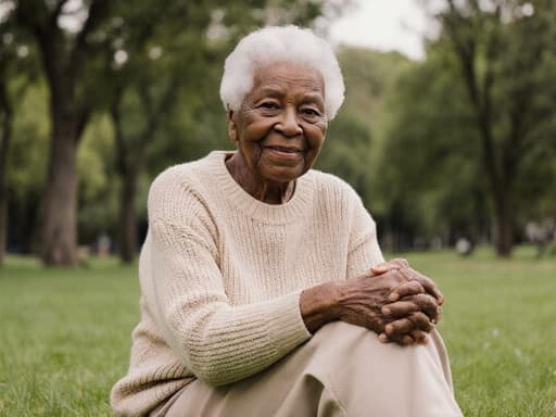 80대 흑인 여성이 편안한 니트 스웨터와 팬츠를 착용하고 평화로운 공원에서 크로스 레그로 앉아 있으며, 무릎 위에 손을 올리고 차분한 표정을 지은 반신 샷. 푸른 잔디와 나무들로 둘러싸인 풍경 속에서 그녀가 주인공입니다.