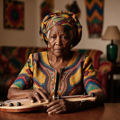 70대 아프리카계 여성의 반신 사진으로, 자연스러운 외모를 지니고 전통적인 아프리카 드레스를 입고 있습니다. 걱정스러운 표정을 짓고 있으며, 테이블에 앉아 전통 악기를 손에 쥐고 있습니다. 배경은 화려한 전통 아프리카 장식으로 꾸며진 거실로, 따뜻하고 매력적인 분위기를 만듭니다.