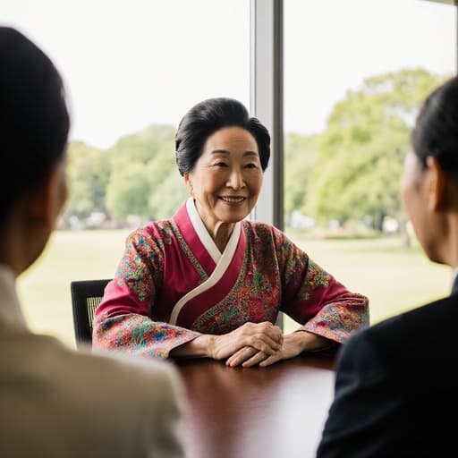 80대의 혼혈 여성의 반신 사진, 화려한 전통 한복을 입고 부드러운 미소를 지으며 회의 테이블에서 대화에 참여하고 있는 모습, 창 밖에는 햇살이 비치는 푸른 공원이 보입니다.