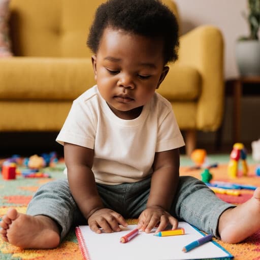 아기 장난감과 그림 도구로 가득한 아늑한 거실에서 편안한 티셔츠와 아기 바지를 입고 앉아 있는 1세의 아프리카계 남자아이의 매력적인 반신 사진. 그는 어린이용 색색의 그림 도구와 상호작용하며 약간 지루한 표정을 짓고 있어 순수함과 호기심을 강조하며 따뜻한 분위기를 연출합니다.
