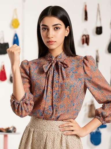 이미지에는 세련된 의상을 입고 자신감 넘치는 중동계 10대 소녀가 한 손을 허리에 얹고 다른 손은 주먹을 쥐고 우아하게 서 있는 모습이 담겨 있습니다. 밝고 트렌디한 스튜디오 배경은 최신 패션 소품들로 가득 차 있어 현대 패션 테마를 강조합니다.