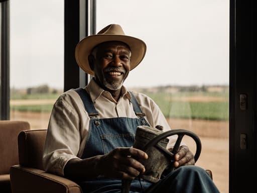 60대 아프리카계 남성이 자연스럽고 활기찬 표정을 지으며 농부 스타일의 작업복과 모자를 착용한 채 크로스 레그로 앉아 있으며 농기계 부품을 손에 들고 있는 반신 사진입니다. 배경은 농장 풍경이 보이는 아늑한 실내 환경으로, 농업 주제를 강조하고 있습니다. 남성의 밝은 표정은 긍정적인 에너지를 발산하여 전체 이미지를 매력적이고 초대하는 느낌을 줍니다.