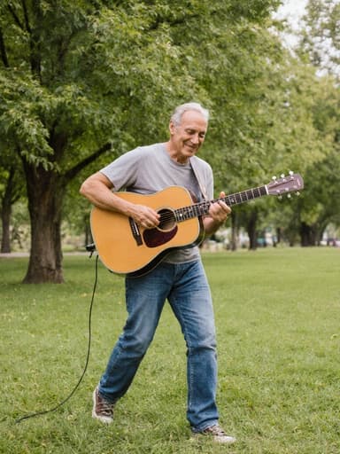 50대 혼혈 남성이 편안한 티셔츠와 청바지를 입고 기타를 들고 살짝 기울어져 음악을 즐기며 자연스러운 미소를 짓고 있는 모습의 전신 사진. 푸른 나무와 잔디가 어우러진 공원에서 자연광을 받으며, 기분 좋은 편안한 분위기를 자아냅니다.