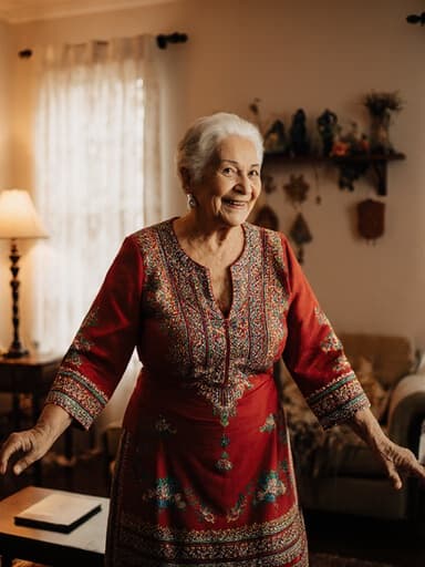 전통적인 라틴 풍의 화려한 드레스를 입은 70대 라틴계 여성의 전신 사진. 그녀는 차분하지만 기쁜 표정을 지으며 우아하게 춤추고 있으며, 아늑한 거실의 따뜻한 조명과 전통적인 장식이 어우러져 있습니다.