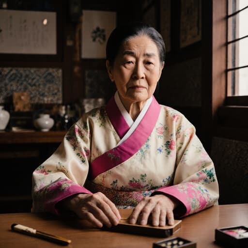 전통 한복을 입고 피곤한 표정을 짓고 있는 70대 한국인 여성이 아늑한 한국 카페의 테이블에 앉아 전통 놀이 도구를 만지며 바라보고 있는 반신 사진.