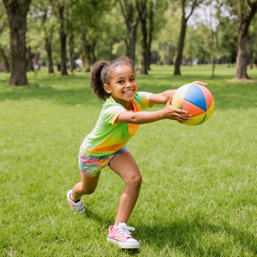 7세 혼혈 여아의 반신 촬영으로, 밝은 색상의 티셔츠와 반바지를 입고, 공을 두 손으로 들고 스트레칭하는 모습입니다. 사랑스러운 미소를 지으며 푸른 잔디와 나무들로 둘러싸인 공원에서 즐거움과 놀이의 분위기를 발산하고 있습니다.