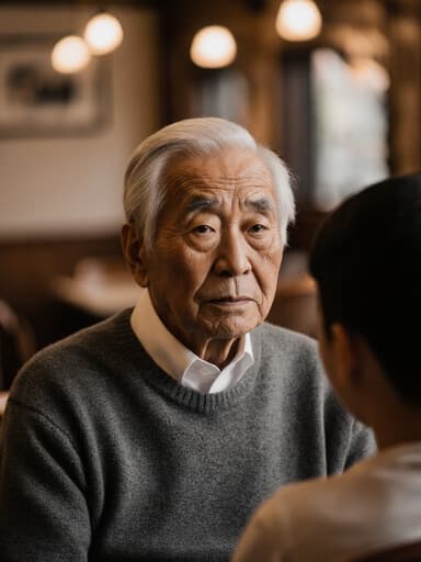 80대 동양인 남성이 주름이 많은 얼굴과 흰 머리를 드러내며 반신 촬영되었습니다. 그는 흰색 셔츠 위에 편안한 회색 스웨터를 입고 있습니다. 그의 표정은 슬프고 외로운 눈빛을 가지고 있으며, 의자에 앉아 손자와 조용히 대화하고 있습니다. 배경은 아늑한 카페 내부로 따뜻한 조명이 비추며 작은 테이블과 의자들이 주위에 놓여 있어, 할아버지와 손자 간의 정서적 유대를 강조하는 초대하는 분위기를 만들어냅니다.