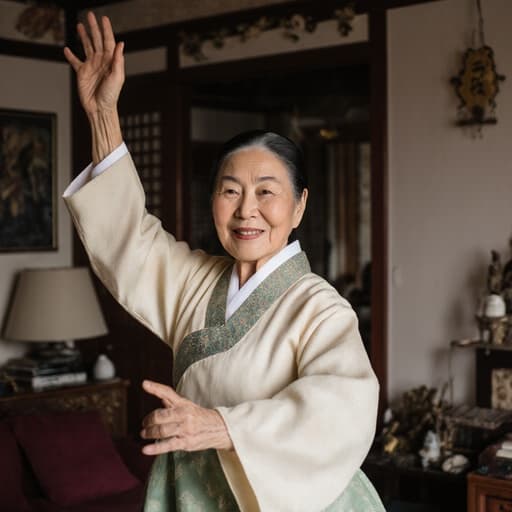 전통 한복을 입고 즐거운 표정으로 춤추고 있는 80대 동양인 여성의 반신 사진, 아늑한 거실 배경과 전통 장식이 어우러져 있습니다.