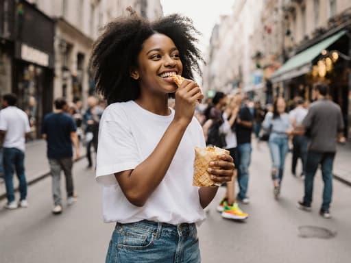 10대 초반의 흑인 여성이 반신을 촬영한 모습으로, 캐주얼한 티셔츠와 청바지를 입고 밝은 색상의 운동화를 신고 있습니다. 편안한 표정으로 음식을 들고 한입 베어 물며 미소 짓고 있는 모습이 도심의 거리에서 다른 사람들과 즐거운 시간을 보내고 있는 배경과 함께 담겨 있습니다.