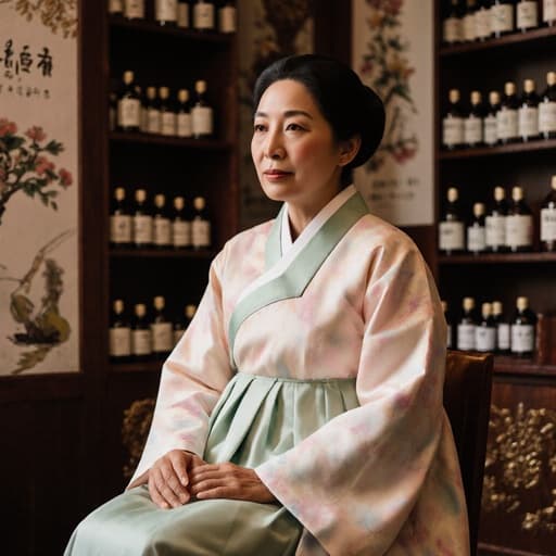 50대 흑인 여성이 부드러운 색상의 한복을 입고, 전통 한의원에서 상담을 준비하며 무릎 위에 손을 자연스럽게 놓고 차분하고 자신감 있는 표정을 짓고 있는 반신 촬영 이미지, 약초와 전통 장식이 있는 아늑한 공간에서.