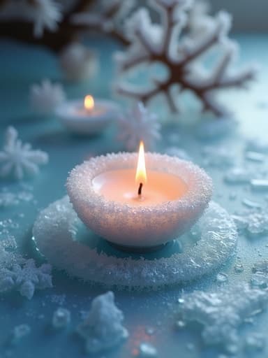 질감 있는 얼음 표면 위에 중앙에 놓인 장식용 캔들과 섬세한 서리 무늬가 있는 고요한 겨울 얼음 장식 배경.
