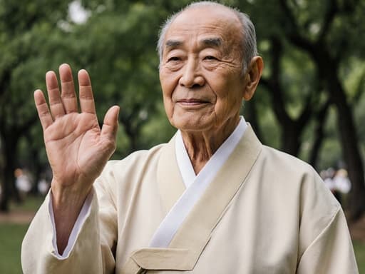 70대 혼혈 남성이 부드러운 색조의 전통 한복을 입고, 약간의 미소와 무관심한 표정으로 손을 가볍게 흔들며 푸른 나무들로 가득한 공원에서 사람들을 맞이하는 모습, 전통과 이야기의 상징입니다.