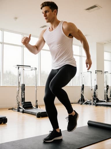 넓고 밝은 운동실에서 필라테스 매트 위에 점프하는 20대 백인 남성이 흰색 탱크탑과 검은색 레깅스를 입고, 고민하는 표정으로 균형을 잡으려는 모습의 전체 샷입니다.
