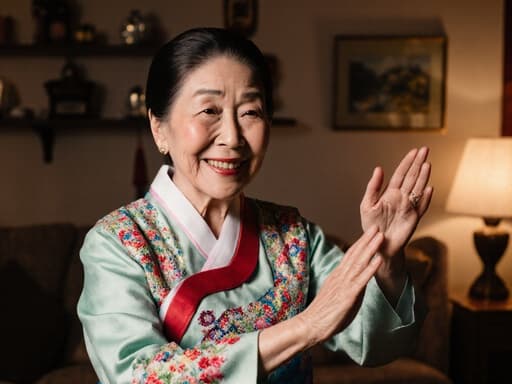 전통적인 한복을 입고 화려한 색상과 섬세한 자수가 돋보이는 80대 혼혈 여성의 반신 사진. 그녀는 고마운 미소를 지으며 손을 살짝 들어 올리며 춤추는 자세를 취하고 있습니다. 아늑한 거실 배경에는 전통적인 소품과 따뜻한 조명이 있어 초대하는 분위기를 자아냅니다.