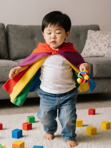 아늑한 거실에서 다양한 색의 블록과 장난감이 흩어져 있는 모습을 배경으로, 색색의 망토와 티셔츠를 입고 장난감을 들고 점프하는 귀엽고 사랑스러운 3세 한국인 남아의 전신 사진. 조금 졸린 듯하지만 호기심 가득한 표정이 장면의 매력을 더합니다.