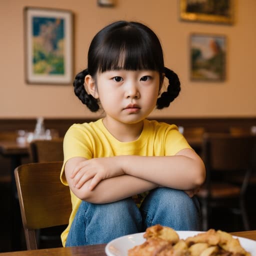 아늑한 카페에서 귀여운 7세 동양인 여아의 반신 촬영. 밝은 색상의 티셔츠와 청바지를 입고 두 개의 땋은 머리를 하고 있으며, 테이블 위의 음식을 바라보며 지루한 표정을 짓고 다리를 뻗고 앉아 있다. 따뜻한 배경은 나무 테이블과 의자, 그리고 벽에 걸린 그림들이 어우러져 매력적인 분위기를 만든다.