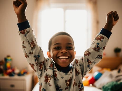 편안한 잠옷을 입은 장난기 가득한 7세 남성 흑인 아이가 머리 위로 팔을 쭉 뻗으며 웃고 있는 반신 사진. 아늑한 침실 배경에는 창문으로 햇빛이 들어오고 장난감들이 흩어져 있어 따뜻하고 초대하는 분위기를 만들어냅니다.