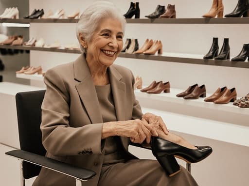 60대 중동계 여성의 반신 사진으로, 자연스러운 외모를 가진 그녀가 앉아서 스타일리시한 신발을 신기 위해 밝게 웃고 있습니다. 그녀는 세련된 패션 의상을 입고 있으며, 패션 매장의 트렌디한 분위기와 잘 어울립니다. 배경은 다양한 신발이 진열된 현대적인 패션 매장으로, 패션과 스타일의 주제를 강조합니다. 따뜻하고 매력적인 조명이 전체적인 분위기를 생기 있고 즐거운 느낌으로 만듭니다.