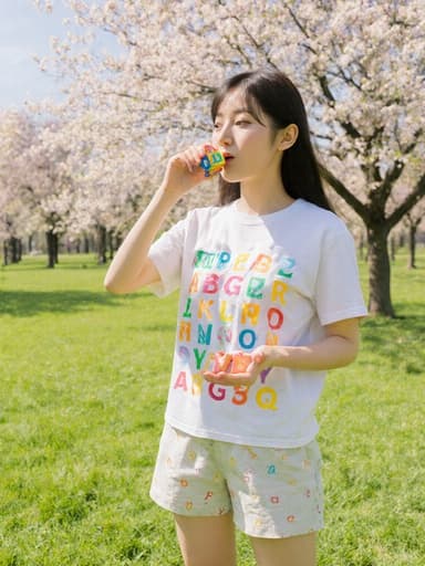 색색의 알파벳이 프린트된 티셔츠와 편안한 반바지를 입은 귀여운 1세 한국인 여성이 푸른 잔디가 깔린 공원에서 서 있는 전체 모습. 그녀는 배고픈 표정을 지으며 입을 다물고, 손에 알파벳 블록을 들고 있다. 주변에는 나무와 꽃들이 있어 생동감 넘치는 분위기를 자아내며 그녀의 장난기 있는 모습을 더욱 부각시킨다.