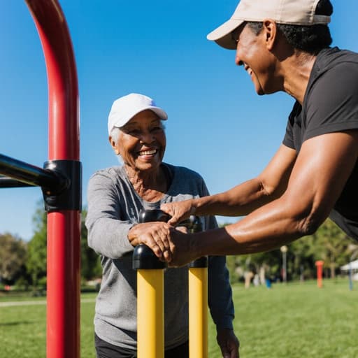 60대 아프리카계 여성의 반신 사진으로, 편안한 운동복과 운동화를 입고 활기차게 웃으며 동료와 함께 친근하게 대화하며 운동 기구를 사용하는 모습이 담긴 야외 피트니스 모임에서의 장면입니다. 배경은 맑은 하늘 아래 푸른 공원입니다.