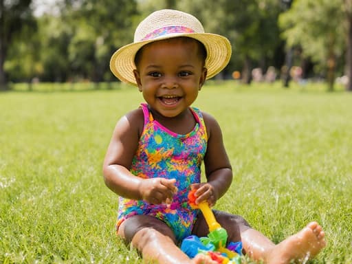 즐거운 표정을 짓고 있는 1세 아프리카계 여아가 공원의 푸른 잔디 위에 앉아 밝은 색상의 수영복과 모자를 착용하고 있습니다. 그녀는 화려한 물놀이 장난감을 가지고 놀며 행복한 분위기를 발산하고 있습니다. 푸르고 싱그러운 잔디와 나무들이 그녀의 장난기 가득한 순간을 돋보이게 하는 배경을 형성하고 있습니다.