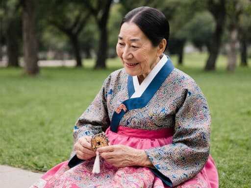 70대 동양인 여성이 화려한 전통 한복을 입고 바닥에 앉아 있는 반신 사진입니다. 그녀는 전통 공예품을 손에 들고 집중하며 편안한 미소를 띠고 있습니다. 평화로운 분위기의 푸른 잔디와 나무들로 둘러싸인 조용한 공원 배경에서 따스하고 평화로운 느낌을 자아냅니다.