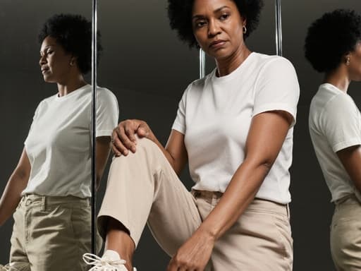 40대 자연스러운 외모의 흑인 여성이 캐주얼한 티셔츠와 편안한 바지를 입고 멋진 스니커즈를 착용한 반신 사진입니다. 그녀는 피곤한 표정을 지으며 긴장감을 느끼고 있으며, 신발을 신으려 발을 들어올리는 모습이 역동적이고 공감가는 순간을 만들어냅니다. 배경은 다양한 각도로 반사된 이미지가 있는 트렌디한 미러룸으로, 스타일리시한 분위기를 자아냅니다. 전체적인 구성은 그녀의 자연스러운 스타일과 준비하는 동안의 편안하면서도 집중된 분위기를 강조합니다.
