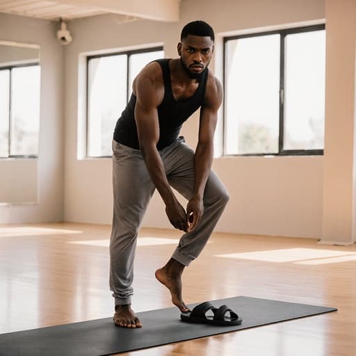 10대 후반의 건강한 흑인 남성이 편안한 요가 복을 입고 요가 매트 위에서 슬리퍼를 신으려고 한쪽 발을 들어 올리며 집중하는 모습의 반신 사진입니다. 배경에는 넓고 밝은 요가실이 있으며, 부드러운 색상의 벽과 자연광이 창문을 통해 들어와 평화롭고 집중된 분위기를 연출합니다.