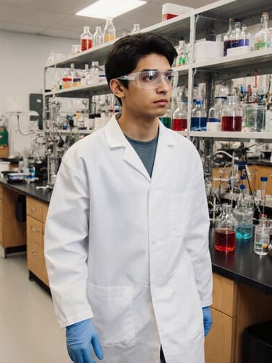 실험실 가운과 안전 안경을 착용한 10대 초반의 라틴계 남성이 실험실에서 걱정스러운 표정으로 다양한 실험 장비를 살펴보며 걷고 있는 전신 사진입니다. 그의 자연스러운 외모와 실험 환경이 잘 어우러져 있으며, 화학 실험이 진행 중인 연구실의 다양한 장비와 시약이 배경에 배치되어 있습니다. 전체적인 분위기는 호기심과 깊은 생각을 전달하며, 주제가 과학 탐구에 몰두하고 있음을 강조합니다.