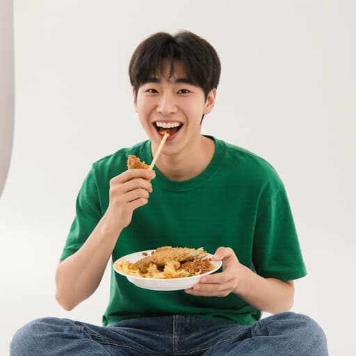 10대 초반 동양인 남성이 캐주얼한 티셔츠와 청바지를 입고, 즐겁고 행복한 표정으로 맛있는 음식을 즐기는 모습의 반신 사진. 배경은 밝고 현대적인 스튜디오입니다.