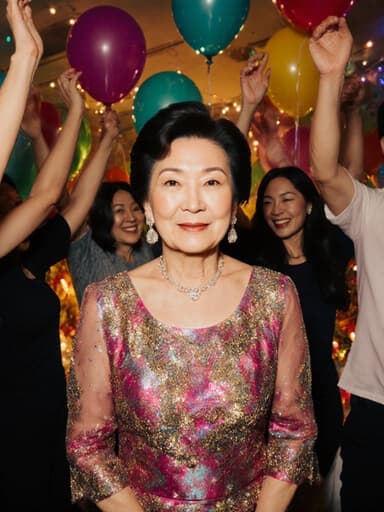 60대 아시아계 여성의 전신 사진으로, 화려한 파티 드레스를 입고 우아한 액세서리를 착용한 채 친구들과 함께 점프하며 즐거운 순간을 만끽하고 있는 모습을 담은 이미지입니다. 아름답게 장식된 파티룸의 풍선과 조명 속에서 기쁨과 편안함이 느껴지는 분위기를 표현합니다.