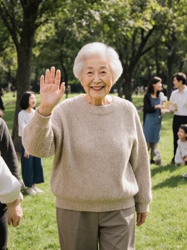 이 이미지는 편안한 니트 스웨터와 바지를 입고 있는 80대 한국인 여성이 따뜻하게 미소 지으며 가족을 향해 손을 흔드는 모습을 담고 있습니다. 푸른 잔디와 나무들이 가득한 공원 배경 속에서 가족이 함께 즐기는 따뜻하고 행복한 분위기를 전달합니다.