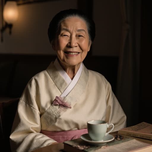 이 이미지는 전통 한복을 입고 있는 80대 동양인 여성이 아늑한 카페에서 이야기하며 따뜻하게 웃고 있는 모습을 보여줍니다. 부드러운 조명과 책, 차가 있는 배경이 이야기 나누기에 적합한 초대하는 분위기를 더합니다.