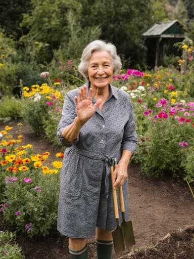 70대 혼혈 여성의 반신 사진으로, 자연스럽게 미소 지으며 가드닝 도구를 들고 인사하는 자세입니다. 편안한 원피스와 정원 가꾸기에 적합한 장화를 착용하고 있으며, 아름다운 꽃들로 가득한 정원에 둘러싸여 따뜻하고 매력적인 분위기를 자아냅니다.