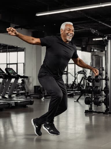 50대 아프리카계 남성이 스타일리시한 운동복과 트레이닝 슈즈를 입고, 체육관의 넓은 공간에서 즐겁게 춤추고 있는 모습의 전신 사진. 매력적인 미소와 함께 활기찬 라이프스타일을 보여줍니다.