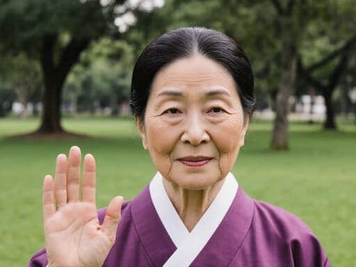 이 이미지는 평화로운 공원에 서 있는 70세 아시아계 여성이 전통 한복을 입고 있는 모습입니다. 그녀는 자연스러운 외모와 무관심한 표정을 가지고 있으며, 손을 가볍게 들어 인사하는 자세를 취하고 있습니다. 푸른 잔디와 고요한 풍경이 조화를 이루며 한복의 아름다움을 강조합니다.