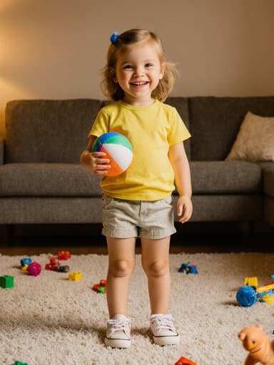 아늑한 거실에서 밝은 티셔츠와 반바지를 입고 공을 들고 순수하고 행복한 미소를 짓고 있는 귀여운 3세 유럽계 소녀의 풀바디 샷. 부드러운 카펫과 흩어져 있는 장난감들로 둘러싸인 그녀의 모습은 즐겁고 초대하는 분위기를 연출합니다.