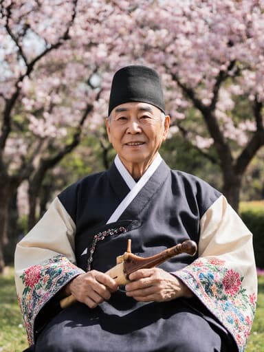 70대 한국인 남성이 고급스러운 전통 한복을 입고, 나무와 꽃이 가득한 공원에 편안히 앉아 전통 악기를 들고 여유로운 미소를 지으며, 문화 축제의 분위기를 담고 있습니다.