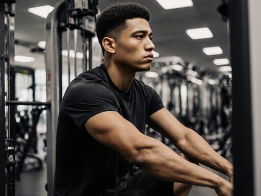 이 이미지는 20대 혼혈 남성이 운동복을 입고 밝은 체육관에서 운동 기구를 조작하고 있는 모습을 담고 있습니다. 그의 자연스러운 표정은 약간의 지루함과 피로감을 나타내며, 다양한 운동 기구로 가득한 운동 환경의 본질을 포착하고 있습니다.