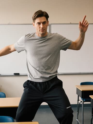30대 백인 남성이 편안한 티셔츠와 운동복 바지를 입고, 교실의 흰색 보드와 책상이 있는 배경에서 무관심한 표정을 지으며 춤추는 듯 팔을 가볍게 흔드는 모습의 반신 사진으로, 캐주얼한 교육 환경을 연출합니다.