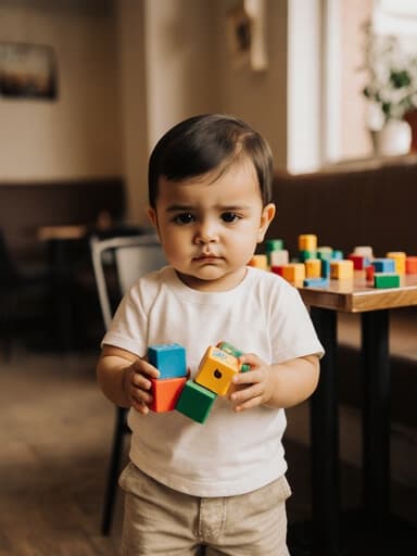 아늑한 카페에서 편안한 티셔츠와 반바지를 입고 서 있는 귀여운 1살 중동계 남성의 전신 샷. 그는 양손에 여러 색상의 블록을 잡고 약간 지루한 표정을 짓고 있으며, 테이블 위에는 다양한 색상의 블록들이 놓여 있는 따뜻하고 초대하는 분위기의 공간입니다.