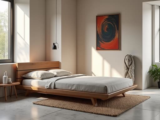 싱글 침대, 현대 미술관과 추상 조각 및 생동감 있는 그림, 예술적, 현대적, 밝은