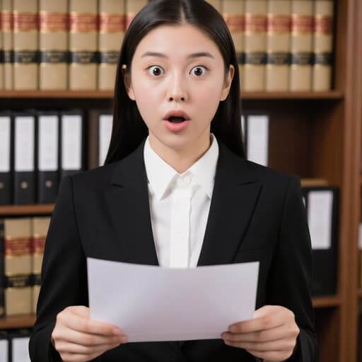10대 초반의 백인 소녀가 정장 스타일의 의상을 입고 법률 문서를 들고 놀란 표정을 짓고 있는 모습이 잘 정리된 법률 사무실 배경에서 포착되었습니다.