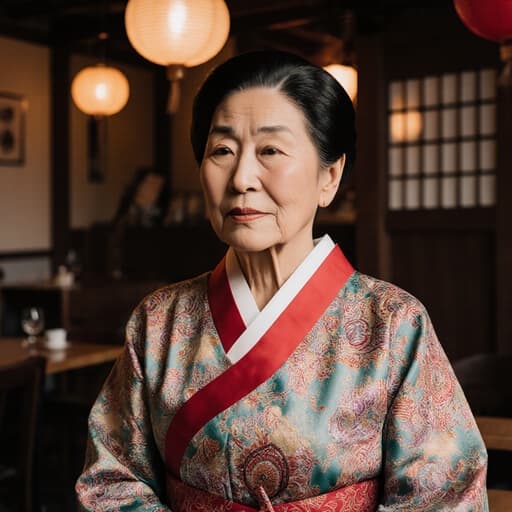 70대의 혼혈 여성이 전통 한복을 입고 무관심한 표정으로 약간 몸을 숙이며 인사하는 모습, 전통적인 요소가 가미된 아늑한 카페 내부에 있습니다.