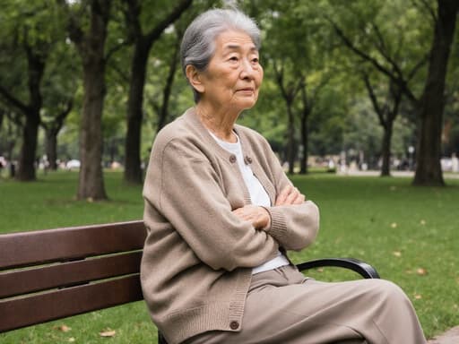 공원 벤치에 앉아 있는 70대 아시아계 여성의 반신 샷으로, 편안한 카디건과 바지를 입고 있습니다. 그녀는 주위를 바라보며 지루한 표정을 지으며 팔짱을 낀 자연스러운 자세를 취하고 있습니다. 평화로운 공원의 푸른 나무와 잔디로 가득 찬 배경이 이 장면의 차분한 분위기를 더욱 강조합니다.