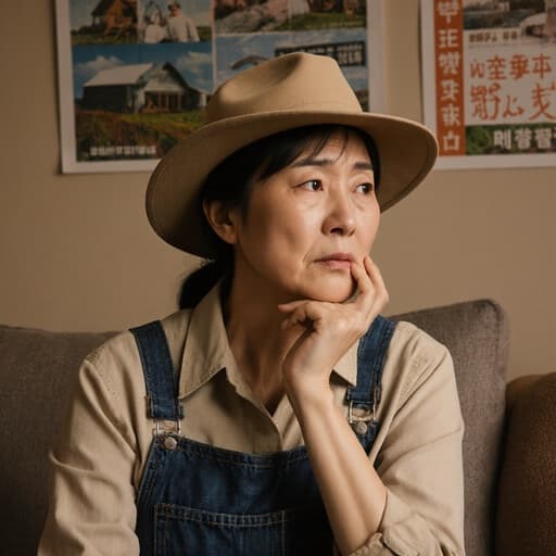 40대 동양인 여성의 반신 촬영으로, 편안한 농부 스타일의 작업복과 모자를 착용하고 아늑한 소파에 앉아 있습니다. 그녀는 농산물 판매에 대한 걱정을 드러내는 긴장한 표정을 지으며, 농업 관련 포스터로 가득한 따뜻한 거실에 있습니다.