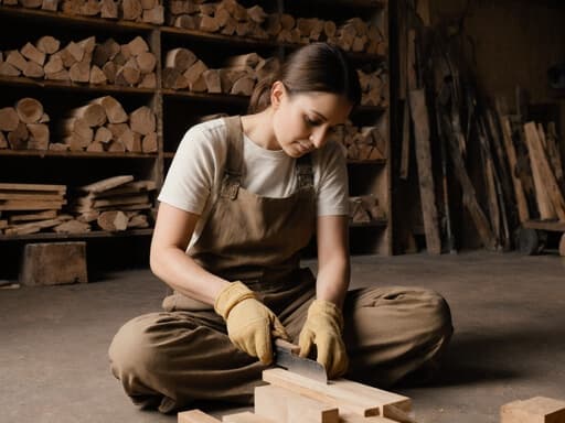 30대 유럽계 여성이 편안한 작업복과 장갑을 착용하고 바닥에 앉아 목재를 정교하게 절단하고 있는 모습의 반신 사진. 아늑한 작업실에는 다양한 목재와 정리된 도구들이 있으며, 차분한 표정과 따뜻한 조명이 장인의 분위기를 만들어냅니다.
