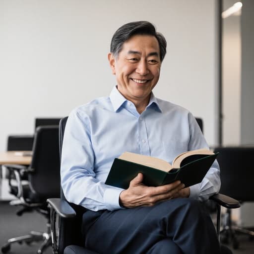 50대 동양인 남성이 깔끔한 셔츠와 슬랙스를 입고, 현대적인 사무실 환경에서 자연스러운 미소를 지으며 책을 읽고 있는 반신 샷입니다. 전문성과 평온함이 넘치는 분위기를 전달합니다.