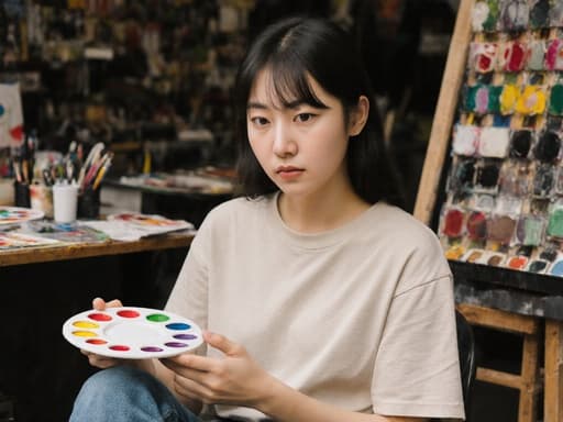 이 이미지는 편안한 티셔츠와 청바지를 입고 색채 혼합을 위해 팔레트를 들고 집중하는 표정을 짓고 있는 10대 후반 한국인 여성 아티스트의 반신 샷을 담고 있습니다. 그녀는 다양한 색상의 페인트와 미술 도구들로 가득 찬 아늑한 카페 작업실에 둘러싸여 있어 생동감 넘치는 창의적인 분위기를 만들어냅니다.